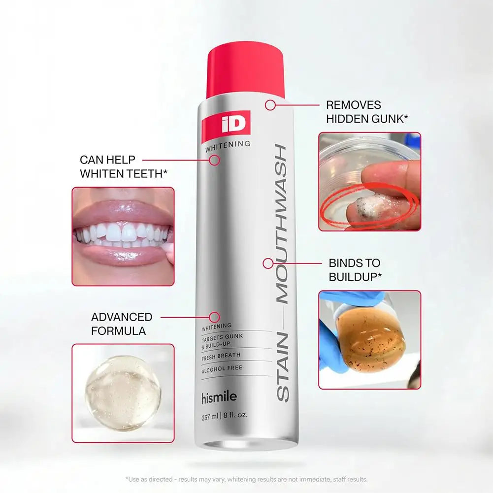 Hismile ID Stain Whitening Mouthwash Gentle Fresh Breath Remove Plaque Stains Enamel Safe No Sensitivity Home Oral Care